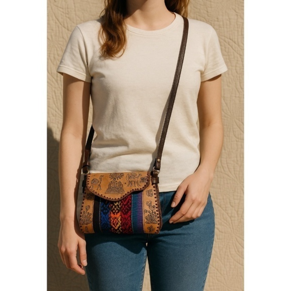 Vintage Peruvian Leather Tapestry Crossbody Bag Boho Artisan Festival Purse